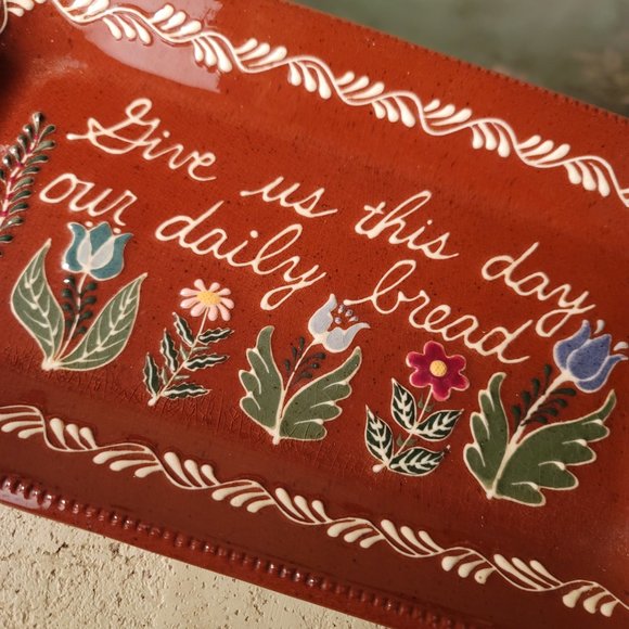 Earthen Vessel Potters Bread Plate Give us this day our daily bread Flowers - Picture 2 of 4